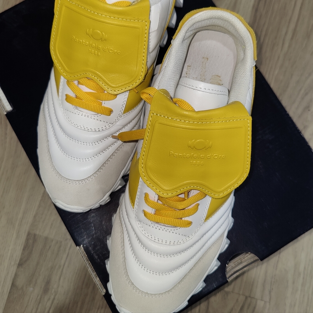 Pantofola D'oro leather womans white and yellow sneakers made in italy size 7.5 - Picture 2 of 7